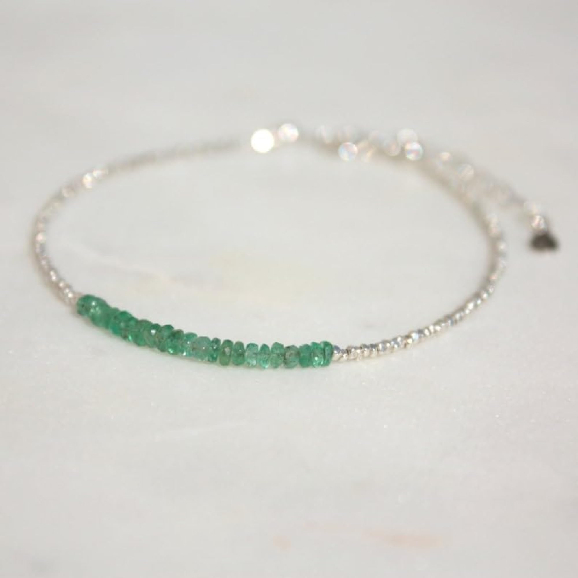 Emerald Rondelle Beaded Bracelet, Adjustable Silver Lock, Unisex