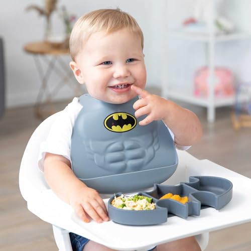 Bumkins Silicone Toddler Bib, DC Comics Baby, Waterproof, Wipe Clean, Stain and Odor Resistant, 6-24 Months, Batman, 8.5 x 1.5 x 7"2
