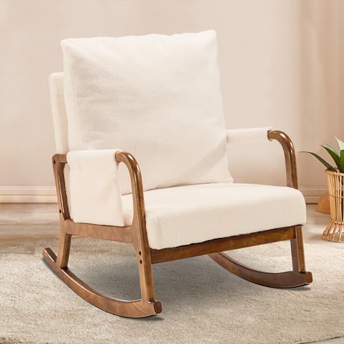 Image of AHB Rocking Chair Nursery，Teddy Fabric Upholstered Glider Rocker with Heightened Cushion，Accent Comfy Armchair Chair for Living Room, Bedroom，Nursing Room