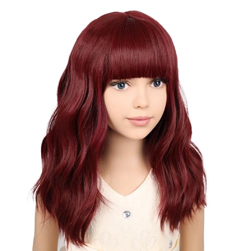 Image of PATTNIUM Wine Red Wig for Kids Child Shoulder Length Dark Red Wigs with Bangs Girls Burgundy Synthetic Hair Wigs