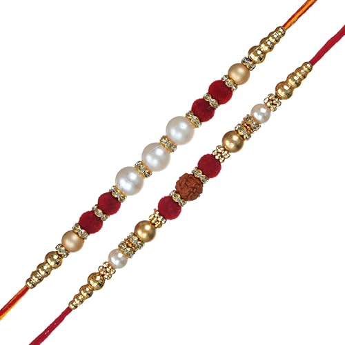 Image of eCraftIndia Beads Rudraksha Rakhi Set of 2 | Rakhi for Brother Bhaiya Bhai with Best Bro Ever Fridge Magnet | Roli Chawal Pack