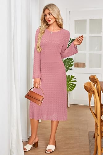 Image of Newshows Women's Hollow Slim Summer Fall Church Work Casual Sweater Dress | Machine Washable Knit Sweater Fabric, Hollow Design, Bell Sleeve, Business Casual, Church Teacher Outfits, Modest Dress