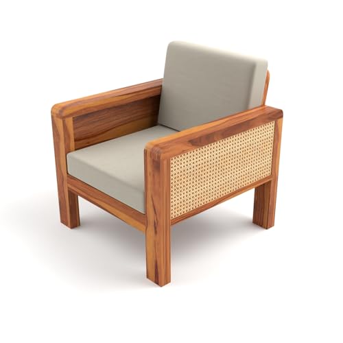 Image of Sheesham Wooden 1 Seater Sofa for Living Room | Solid Wood Sofa with Cane Side Panel | Rosewood Sofa Set for Home & Office | Lounge (Honey Finish, 1 Seater)
