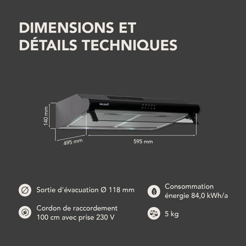BELDEKO Hotte Casquette 60 cm Noir 240 m3/h + 2 Filtres - Marque Française