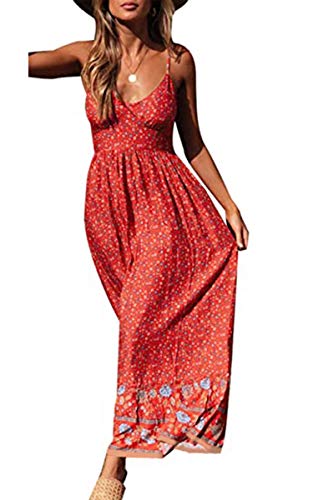 Image of Angashion Women's Dresses Floral Adjustable Spaghetti Strap V Neck Boho Long Maxi Dress Summer Beach Flowy Ethnic Sundress