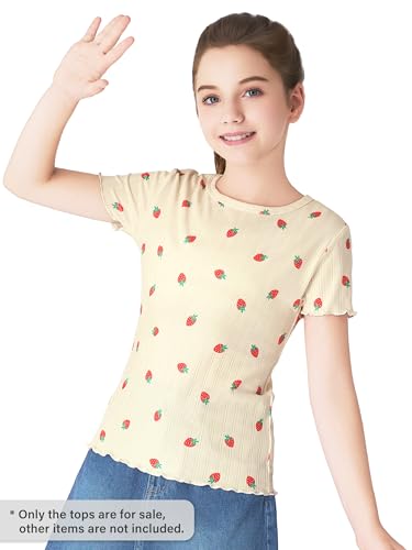 2 Pack Girls Lettuce Trim Tee Shirts - Light Blue Ditsy Floral & Pink Pointelle Knit Blouse Tops Size 6-164