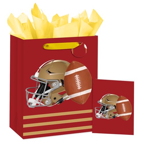 Loveinside Football Gift Bag for Boys Teens kids, Red and Gold Design with Helmet and Rugby, Medium Size Bag with Tissue Paper, Tag, Card for Birthday, Sports Party, Team Event, 10" x 5" x 13", 1 Pcs