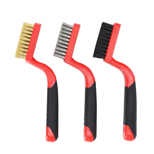 Image of 3PcsWire Brush Set, Brass /Stainless Steel /Nylon Wire Brushes with Rubber Curved Handle Grip for for Rust, Dirt, Paint Scrubbing