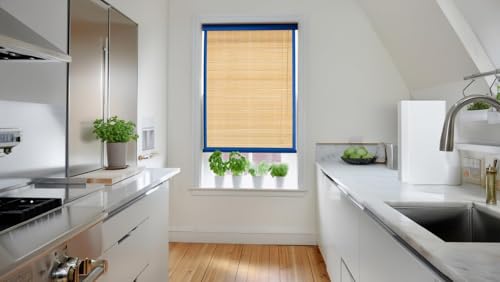 Image of BambooAura Natural Bamboo Roll-Up Window Shade Blind | Light Filtering Bamboo Chick Curtain | Eco-Friendly Sun Protection (4ft x 7ft - W x H) (Natural Beige with Dark Green Border, (5ft x9ft -W x H))