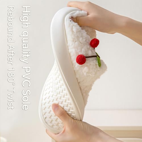 Winter Fluffy House Slippers for Women with Fruits Cherries, Fuzzy Home Bedroom Cotton Shoes, Soft and Cute Plush House Slides with Memory Foam, Kawaii, Cozy3
