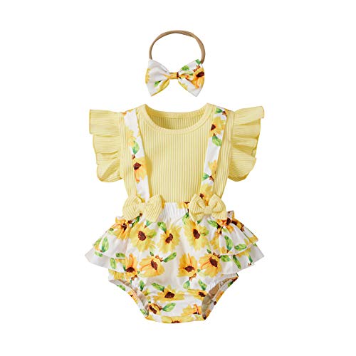 Newborn Baby Girls Shorts Sets Solid Ruffle Romper Bodysuit + Sunflower Suspender Short Pant + Headband 3pcs Set Outfit (Yellow,3-6Months)