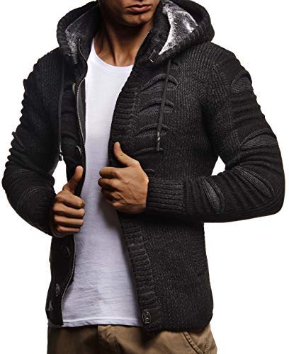 Leif Nelson Giacca Uomo in Maglia con Cappuccio Cardigan LN-5605 Nero Antracite Small