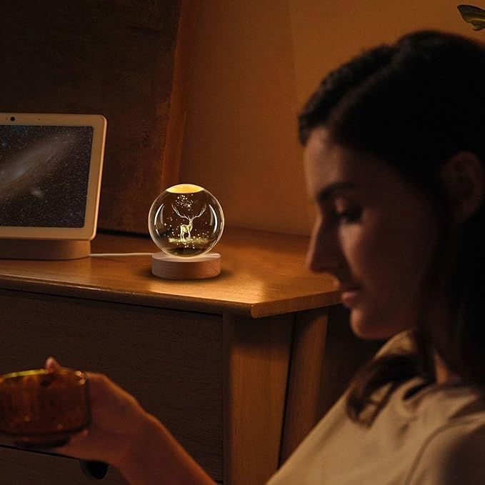 FEBLICH 3D Deer Crystal Ball Night Lamp, Solar System USB Table Colorful LED Wooden Light for Home, Office, Birthday Gift