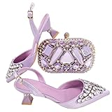 Women's Wedding Shoe and Handbag Set Autumn Winter Rhinestone High Heels with Matching Clutch Bag Lilac
