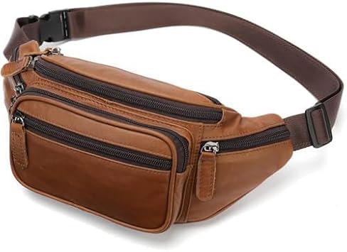 Leather Fanny Pack Waist Bag for Men Women Outdoor Travel Hiking Camping Walking Running Hip Bum Belt Slim Cell Phone Purse Wallet Pouch #03Brown