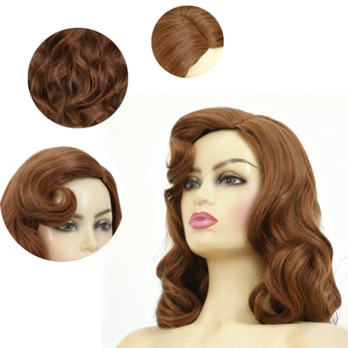 Image of Swiking Vintage Brown 1950s Hollywood Big Wave Wig Synthetic Curly Wig for Retro Parties Halloween Daily Use(Auburn Brown)