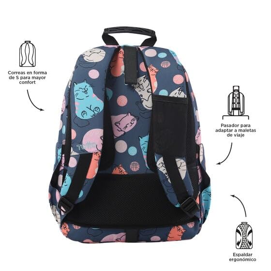 TOTTO - Mochila Escolar Adaptable a Carro, Modelo Acuareles, Capacidad 20 L, Bolsillo para Pc 14", 2 Bolsillo Botella, Espaldar Ergonómico con Flujo de Aire, Correas en S, Estampado Missi Multicolor