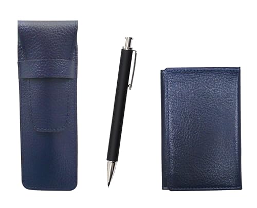 牛革青ペンケースと名刺入れ 押し出し成型ラバー軸真鍮ノックシャープペンセット 黒 SASL-MEIL-HS301S
