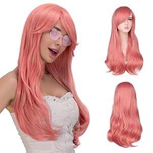 AOMIG Peluca Rosa Larga, 3pcs Peluca Largo Rizo de Cosplay Anime con Gafas y Redecilla Pelo, Peluca Ondas Larga de Fibra Resistente Calor con Flequillo, Pelucas Mujer Niñas para Cosplay/Fiesta/Diario