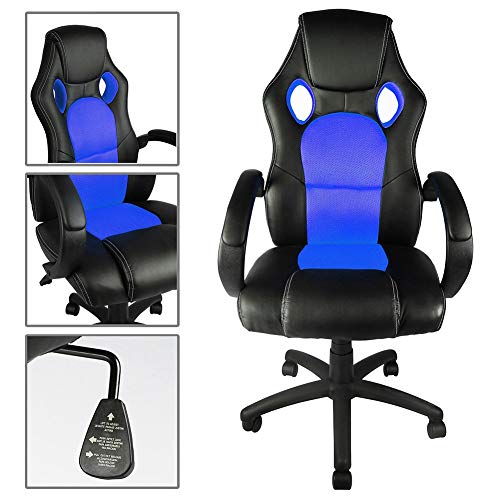 Sedia Sportiva Poltrona Direzionale da Ufficio 4 Ruote Girevole 360° Modello Racer Gaming Design Extra Lusso in Ecopelle Nero e Tessuto Blu - Sedia gaming - Immagine 7