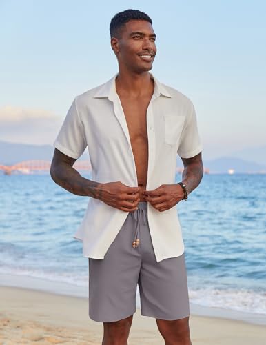 Image of COOFANDY Mens Casual Linen Shorts Elastic Waist Drawstring Loose Fit Summer Beach Vacation Shorts with Pockets