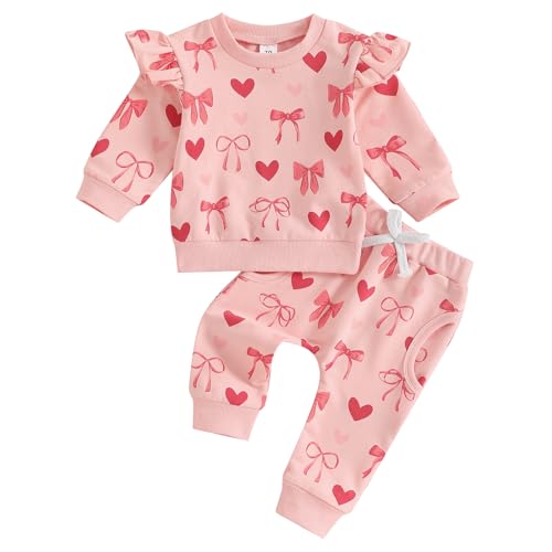 Toddler Baby Girl Valentines Outfit Bow Heart Print Long Sleeve Crewneck Ruffle Sweatshirt Pant 2Pcs Set