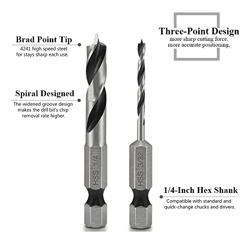 Gasea 6pcs Brad Point Drill Bits Set1/4-Inch Hex Shank HSS Stubby Drill Bit for Wood 3/32, 1/8, 3/16, 1/4, 5/16, 3/8 3 Gasea 6pcs Brad Point Drill Bits Set1/4-Inch Hex Shank HSS Stubby Drill Bit for Wood 3/32, 1/8, 3/16, 1/4, 5/16, 3/8 - Image 3