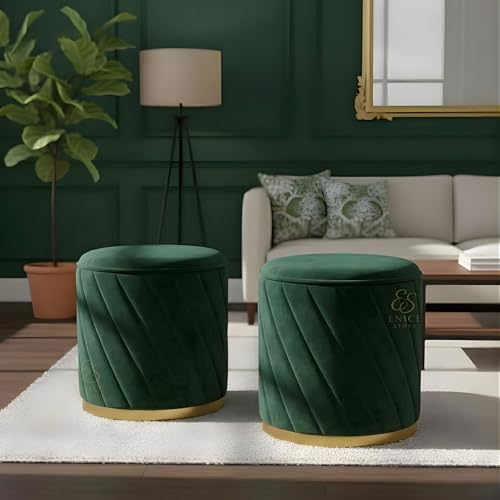 Image of Premium Velvet Ottoman Stool | Modern Round Pouffe with Gold Base | Multipurpose Seating | Living Room & Bedroom Decor (Green Set of 2)