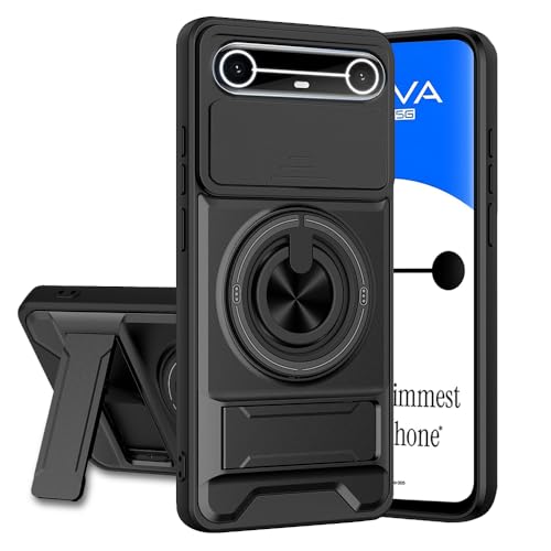 Image of Tecno Pova Slim 5G Back Cover | Armor Camera Slider 360 Degree Rotating Finger Ring Holder Case with Bracket Stand Back Case Cover (Compatible with MagSafe Accessories) (Black)