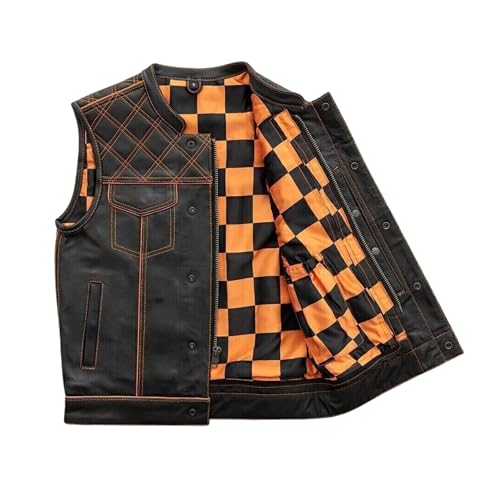 MEN'S LEATHER VEST WITH ORANGE CHECKER & ORANGE THREAD – CONCEALED CARRY MOTORCYCLE WAISTCOAT