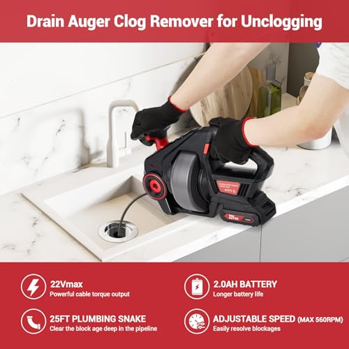 Electric Drain Auger, 25FT Plumbing Snakes, Snake Drain Clog Remover for Unclogging Toilet, Sewer, Bathroom, Sink Drain Pipes(Batteries Included)
