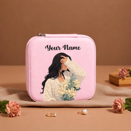 Image of PRIMIT Personalized Jewelry Box with Name & Birth Flower - Custom Travel Jewelry Organizer Case - Bridesmaid, Birthday, Christmas Gift for Women & Girls (Blush Serenity)