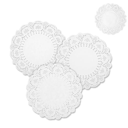 JCUGSBS lot de 300 Papier Rond en Dentelle Blanche, Dentelle Napperons Papier Blanc, Napperon en Papier Rond, pour mariage, anniversaire, gâteaux, desserts, vaisselle(5.5 pouces/13.97cm）