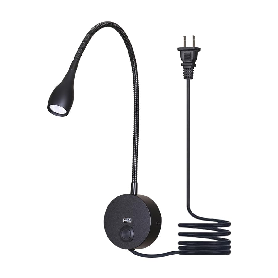 Image of LED Reading Lamp 3W Warm White 3000K Touch Dimming Switch USB A Charger for Reading Books Black Plug Cord 1 Pieces (US028-BK)