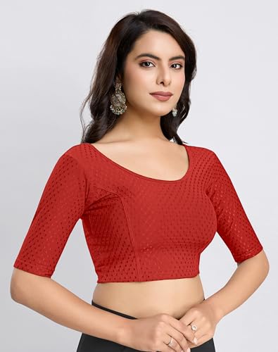 Image of TRENDMALLS Women's Dobby Pure Cotton Elastin Stretchable Readymade Round Neck Elbow Length Sleeves Blouse Choli Stylish Saree Blouse Ready to Wear