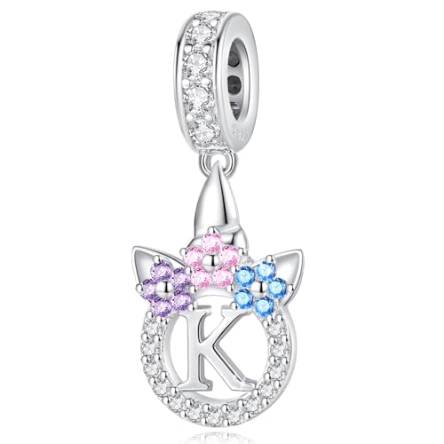 TOMXUN Letter K Charms for Charms Bracelet: 925 Sterling Silver Unicorn Initial Dangle Charms for Bracelets and Necklaces with Cubic Zirconia, Alphabet Unicorn Gifts For Women.