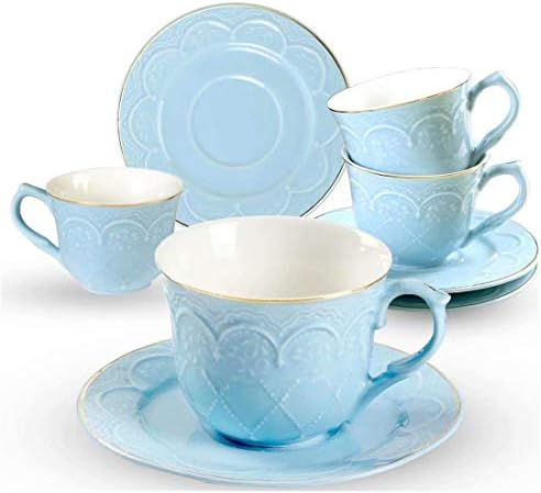 Porcelain Coffee Cups and Saucers Set- 7 OZ Embossed Flower Coffee Cups Set of 4-Blue Tea Cup Sets with Golden Edge Coffee Cups for Mocha Cappuccino