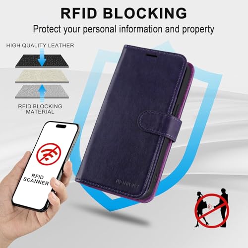 Image of MONASAY Vegan Leather Fit for iPhone 14-Pro 5G Wallet Case, 6.1-inch, [Glass Screen Protector Included] [RFID Blocking] Flip Folio Phone Cover with Credit Card Holder,Purple