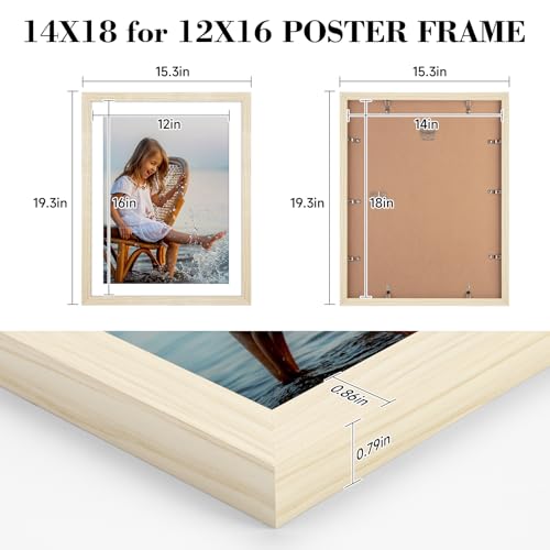 Image of HLiWEGNS Oak 14x18 Frame Set of 3 - Rustic Woodgrain 14 x 18 Poster Frame for Pictures 12x16 with Mat or 14x18 Picture Frame Without Mat for Wall Gallery Display - Ideal Christmas Day