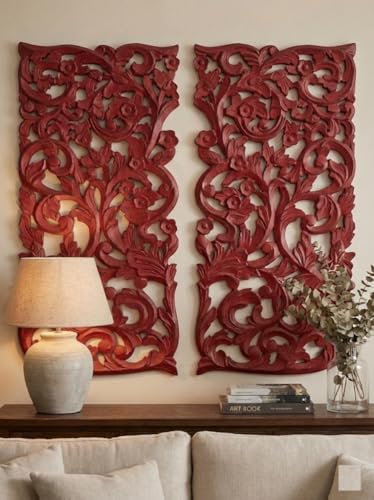 Image of VAS Collection Home Floral MDF Wall Decoration Panel, Wall Decoration Hanging, Wood Carving Wall Decoration Panel for Living Room, Bedroom, Hallway, Office (12 inch Inch X 27 inch Inch (Red)
