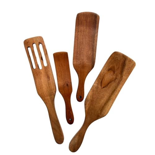 SHAFA IMPEX Spurtle Wooden Kitchen Utensil Set, Acacia Spurtle Kitchen Sets Non-Stick Wooden Cooking Utensils Wooden Spatula Slotted Spurtle Spatula Sets For Stirring (4-Piece)