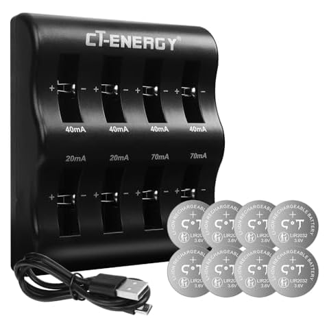 CT-ENERGY LIR2032 Lithium Coin Button Cells Battery Charger 8 Slots for 8 Pack 3.6V Rechargeable 2032 Batteries Replacing cr2032 Key Remote Airtag Battery Cover