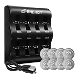 CT-ENERGY LIR2032 Lithium Coin Button Cells Battery Charger 8 Slots for 8 Pack 3.6V Rechargeable 2032 Batteries Replacing cr2032 Key Remote Airtag Battery