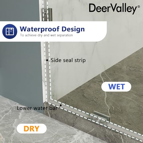 Image of DeerValley 32 inchx78 inch Frameless Shower Glass Panel, Chrome | 3 /8'' Thick Tempered Glass, Stainless Steel Clamps, Reversible Installation, Easy to Clean