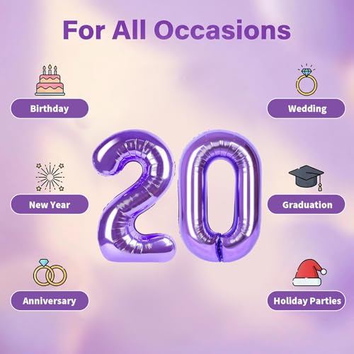 Image of Number Balloons for Birthday Decorations - 40 Inch Large Party Balloons 20, Purple Foil Number Balloons for Boys Girls, Balloons for Party Supplies