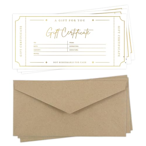 Blank Gift Certificates with Envelopes, 3.5' x 7.25' Blank Gift Certificates for Business, Christmas...