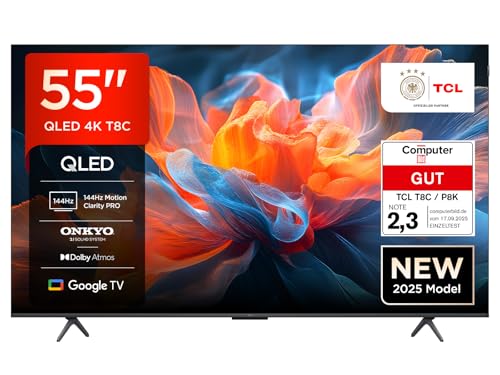 TCL 55T8C 55 Zoll QLED 4K HDR UHD Fernseher, Smart Google Tv Dolby Vision Atmos,144Hz Motion Clarity Pro, Game Bar, ALLM, Freesync, Onkyo 2.1 Sound, Sprachsteuerung, Kompatibel mit Google Assistant