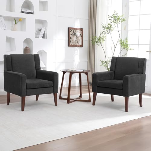 Image of Accent Chairs Set of 2, Mid-Century Reading Chair with Wood Legs, Upholstered Comfy Living Room Chair for Bedroom, Apartment, Waiting Room, Dark Grey