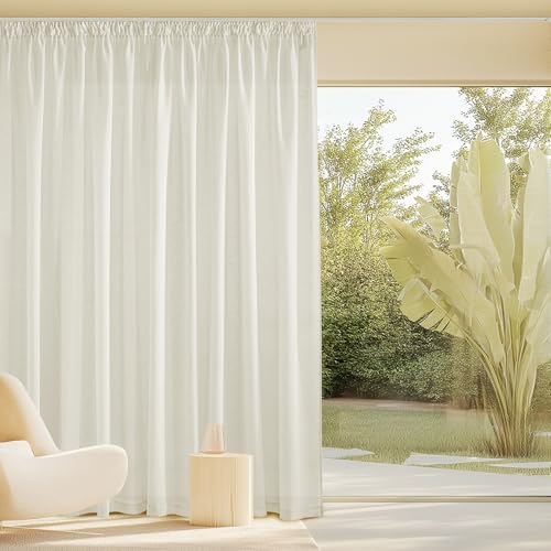 PONY DANCE Rideau Voilage Galon Fronceur - Rideaux Lin Naturel Demi-Transparent Decoration Maison Salon Moderne Chambre Fenetre, Largeur 300 x Hauter 245 cm,...