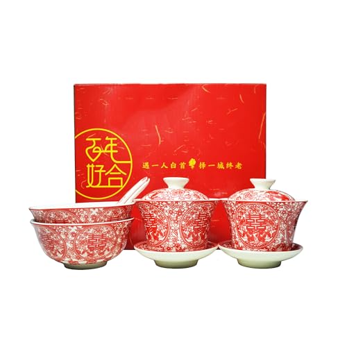 Image of Liang baobao Chinese Wedding Tea Gift Set Gaiwan Bowl Spoon Porcelain Tableware Double Happiness for Men Women Couple Wedding Party (6 /Set Paper-cut double happiness)